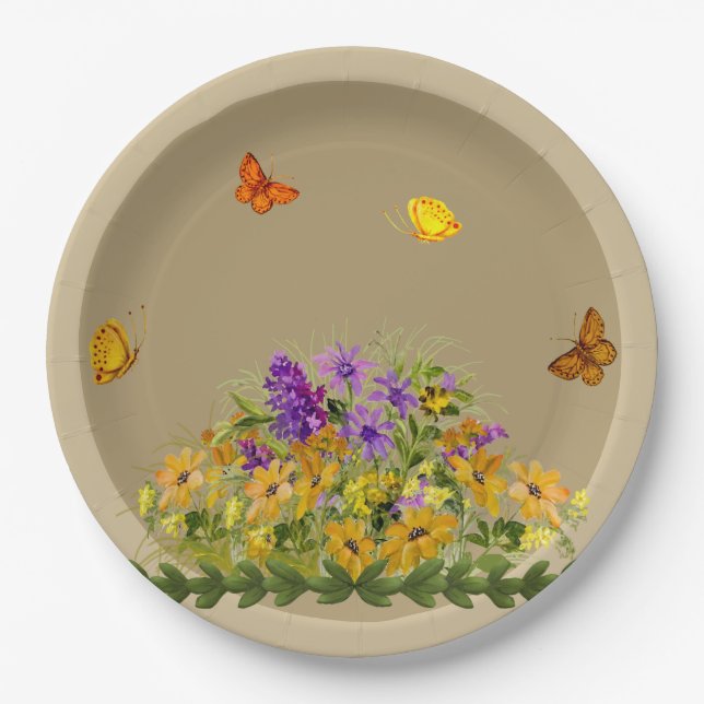 Plato De Papel Mariposas y flores (Anverso)