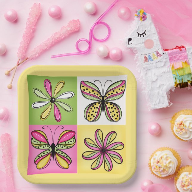 Plato De Papel Mariposas y flores del Pop Art (Fiesta)