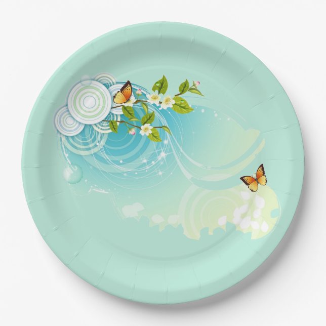 Plato De Papel Mariposas y flores en flor (Anverso)