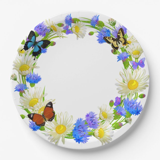 Plato De Papel Mariposas y flores silvestres (Anverso)
