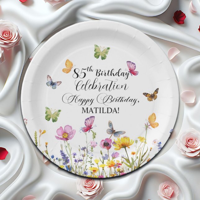 Plato De Papel Mariposas y flores silvestres Elegante cumpleaños  (Subido por el creador)