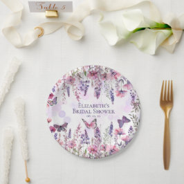 Plato De Papel Mariposas y Flores Silvestres Moradas y Rosadas Fl