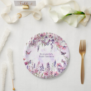 Plato De Papel Mariposas y flores silvestres púrpuras suntuosas