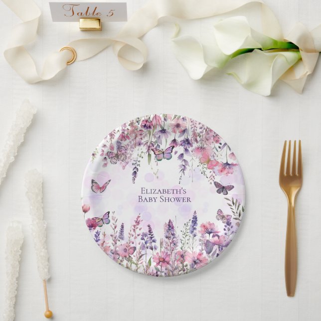 Plato De Papel Mariposas y flores silvestres púrpuras suntuosas (Boda)