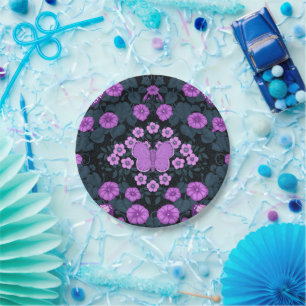 Plato De Papel Mariposas y simetría floral, violeta y azul