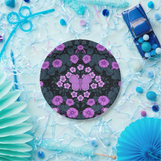 Plato De Papel Mariposas y simetría floral, violeta y azul (Fiesta)