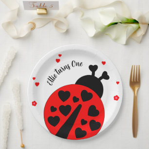 Plato De Papel Mariquita adorable con corazones