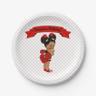 Plato De Papel Mariquita Bebé Afroamericana Niña Puntos Rojos