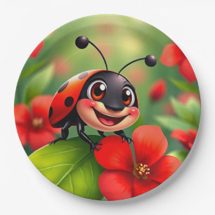 Plato De Papel Mariquita de dibujos animados sonriente sentada en