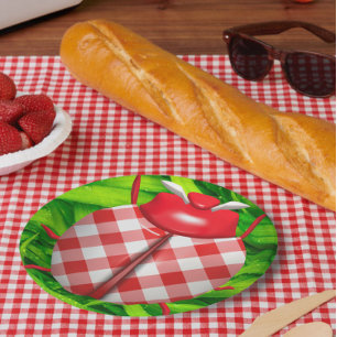 Plato De Papel Mariquita en hierba de cuadros gingham lindos rojo