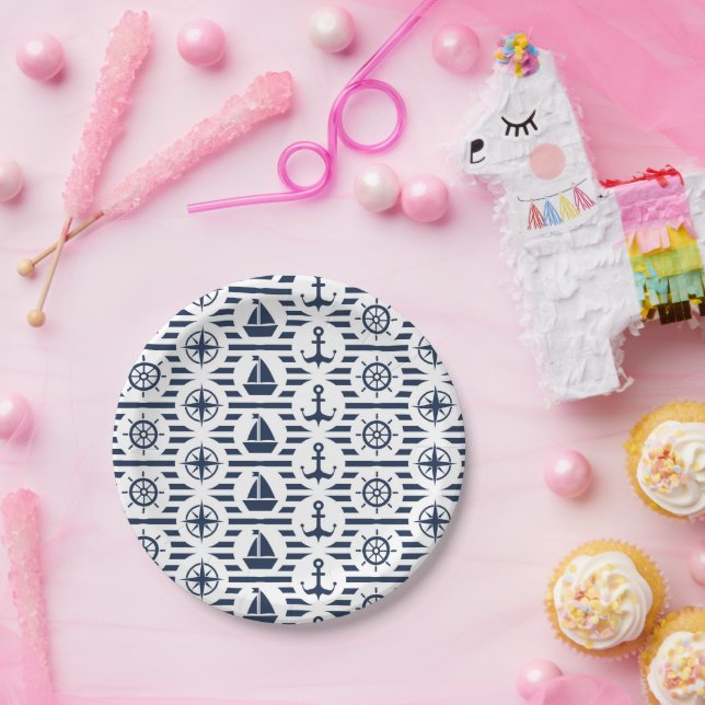 Plato De Papel Marítimo En Patrón Azul (Fiesta)