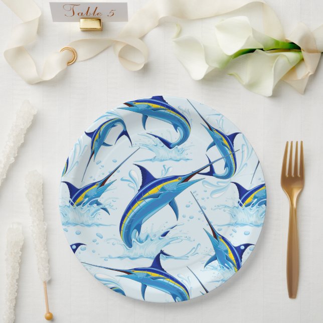 Plato De Papel Marlín Azul Saltando fuera del Océano (Boda)