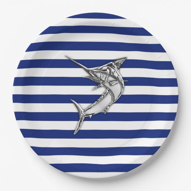 Plato De Papel Marlin Swordfish Chrome Style on Nautical Stripes (Anverso)