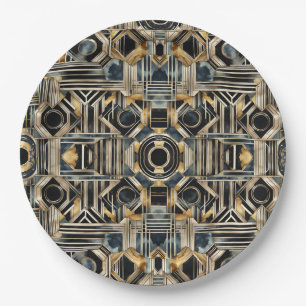 Plato De Papel Mármol Art-deco negro y dorado diseño geométrico J