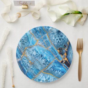 Plato De Papel Mármol Azul y Dorado