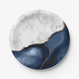 Plato De Papel Mármol Blanco Agata Azul Marino Dorado