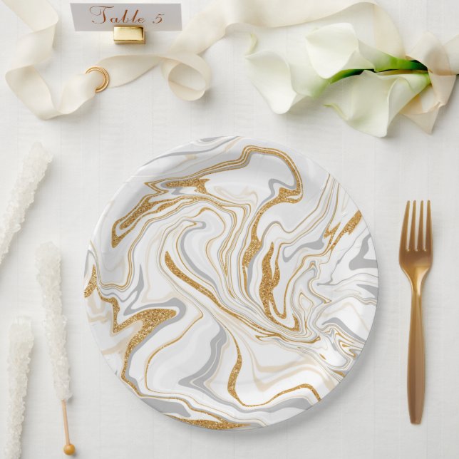Plato De Papel Mármol blanco, dorado y gris como el arte fluido d (Boda)
