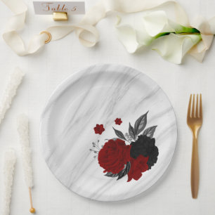Plato De Papel Mármol con hermosas flores negras y rojas