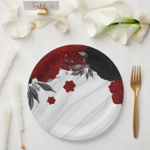 Plato De Papel Mármol con hermosas flores negras y rojas