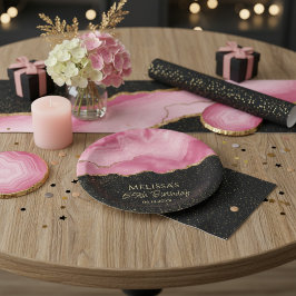 Plato De Papel Mármol de acuarela abstracta rosa dorado con brill
