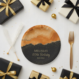 Plato De Papel Mármol de Acuarela con Brillo Dorado Naranja Quema