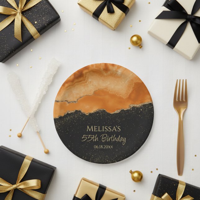 Plato De Papel Mármol de Acuarela con Brillo Dorado Naranja Quema (Subido por el creador)