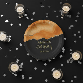 Plato De Papel Mármol de acuarela dorado naranja con brillo