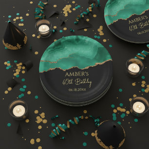 Plato De Papel Mármol de acuarela verde esmeralda dorado con bril