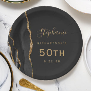 Plato De Papel Mármol de Ágata Negra Dorado Oscuro Cumpleaños 50