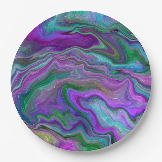 Plato De Papel Mármol de arte con líquido morado, verde y azul (Anverso)