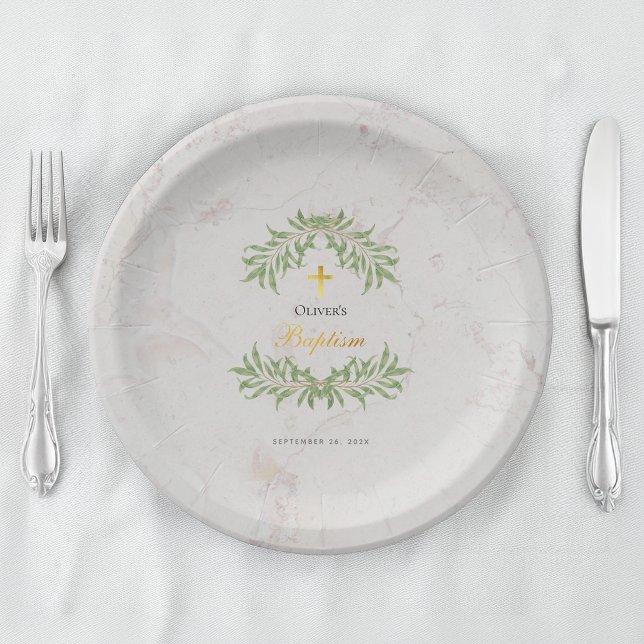 Plato De Papel Mármol de Bautizo Follaje Verde Falso Rótulo de Or (Subido por el creador)