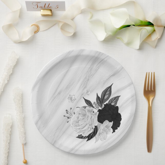 Plato De Papel mármol de flores negras y blancas (Boda)