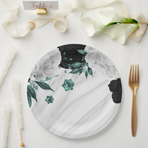 Plato De Papel Mármol de hermosas flores negras blancas y azul te