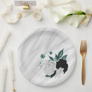 Plato De Papel Mármol de hermosas flores negras blancas y azul te
