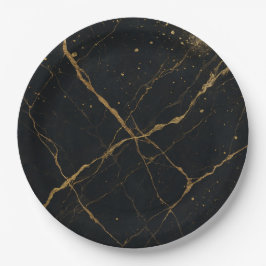 Plato De Papel Mármol de Medianoche Dorado Negro y Dorado Boda