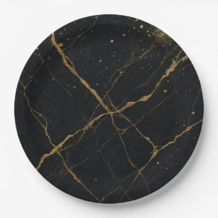 Plato De Papel Mármol de Medianoche Dorado Negro y Dorado Boda 