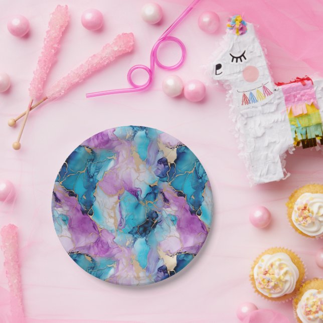 Plato De Papel Mármol de oro púrpura de Aqua (Fiesta)