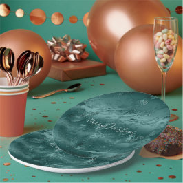 Plato De Papel Mármol Glitzy de color verde esmeralda