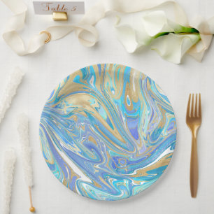 Plato De Papel Mármol líquido de oro y Aqua de Perla