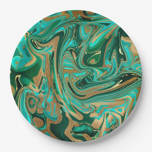 Plato De Papel Mármol líquido verde y dorado (Anverso)