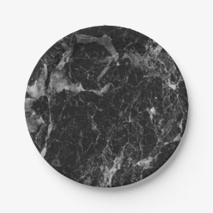 Plato De Papel Mármol Negro Blanco y Plateado Moderno Glamour
