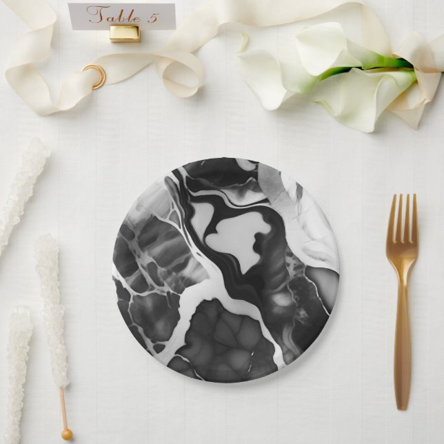 Plato De Papel Mármol negro y blanco a la moda (Boda)