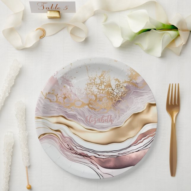 Plato De Papel Mármol Rosa Cool Piedra Dorada (Boda)