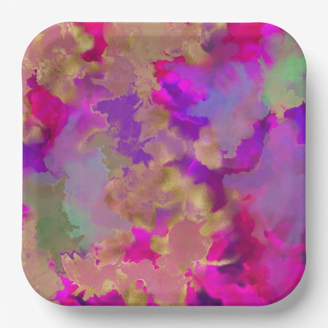 Plato De Papel Mármol rosa, violeta y dorado (Anverso)