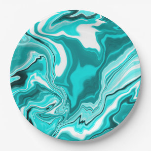 Plato De Papel Mármol verde azulado, turquesa y blanco