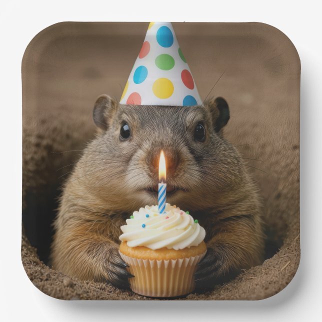 Plato De Papel Marmota de cumpleaños con un pastelito (Anverso)