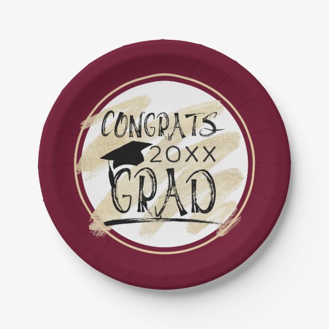 Plato De Papel Maroon Gold CONGRAS GRAD Class Año (Anverso)