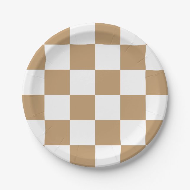 Plato De Papel Marrón camello/ Cuadros blancos (Anverso)