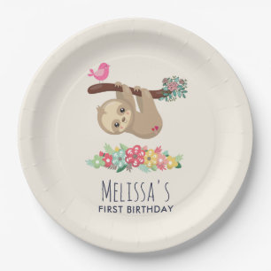 Plato De Papel Marrón lindo Sloth colgando boca abajo Cumpleaños