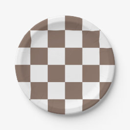 Plato De Papel Marrón Taupe/Cuadros Blancos